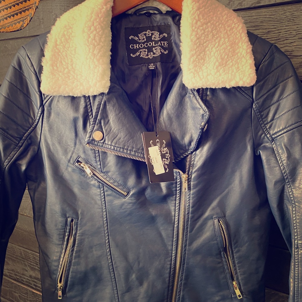 NWT deep blue faux leather zip down jacket